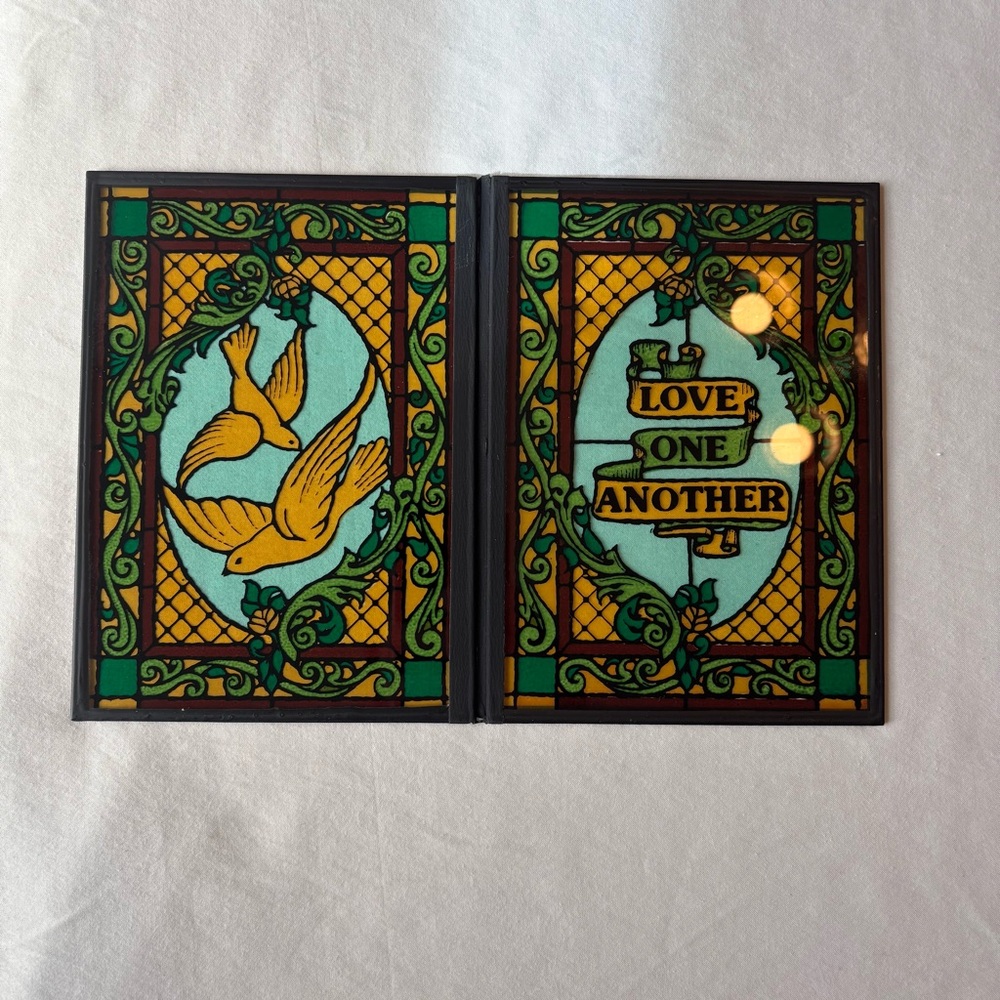 Vintage faux stained glass tabletop plaque or shadow box art card. Free standing